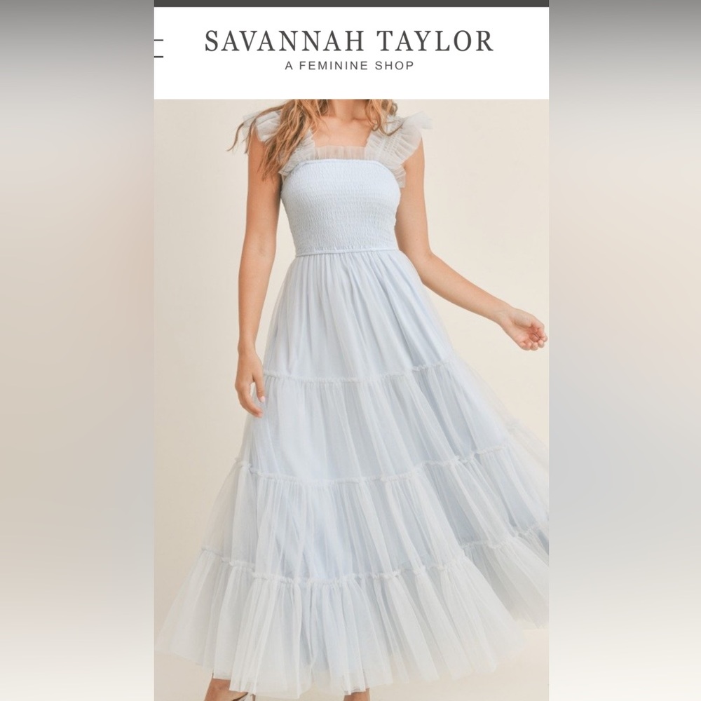 Savannah Taylor baby blue tule maxi dress